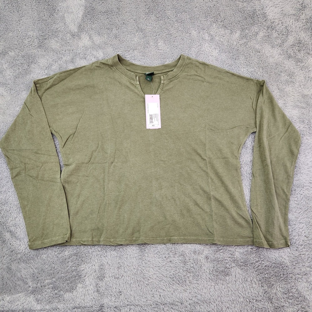 Wild Fable Long Sleeve Women XS Olive Green Split Neck Top Cotton TARL310J